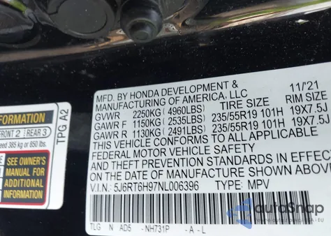 2022 Honda Cr-V Hybrid Touring из США, поврежденный, VIN 5J6RT6H97NL006396